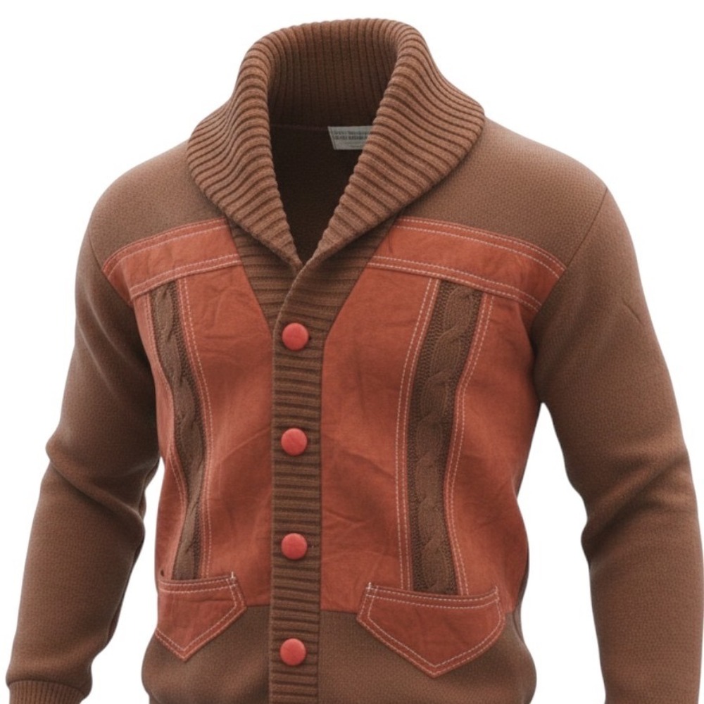 Vintage 70s Shawl Collar Cardigan Brown Rust Mixed Media Orlon Acrylic Large